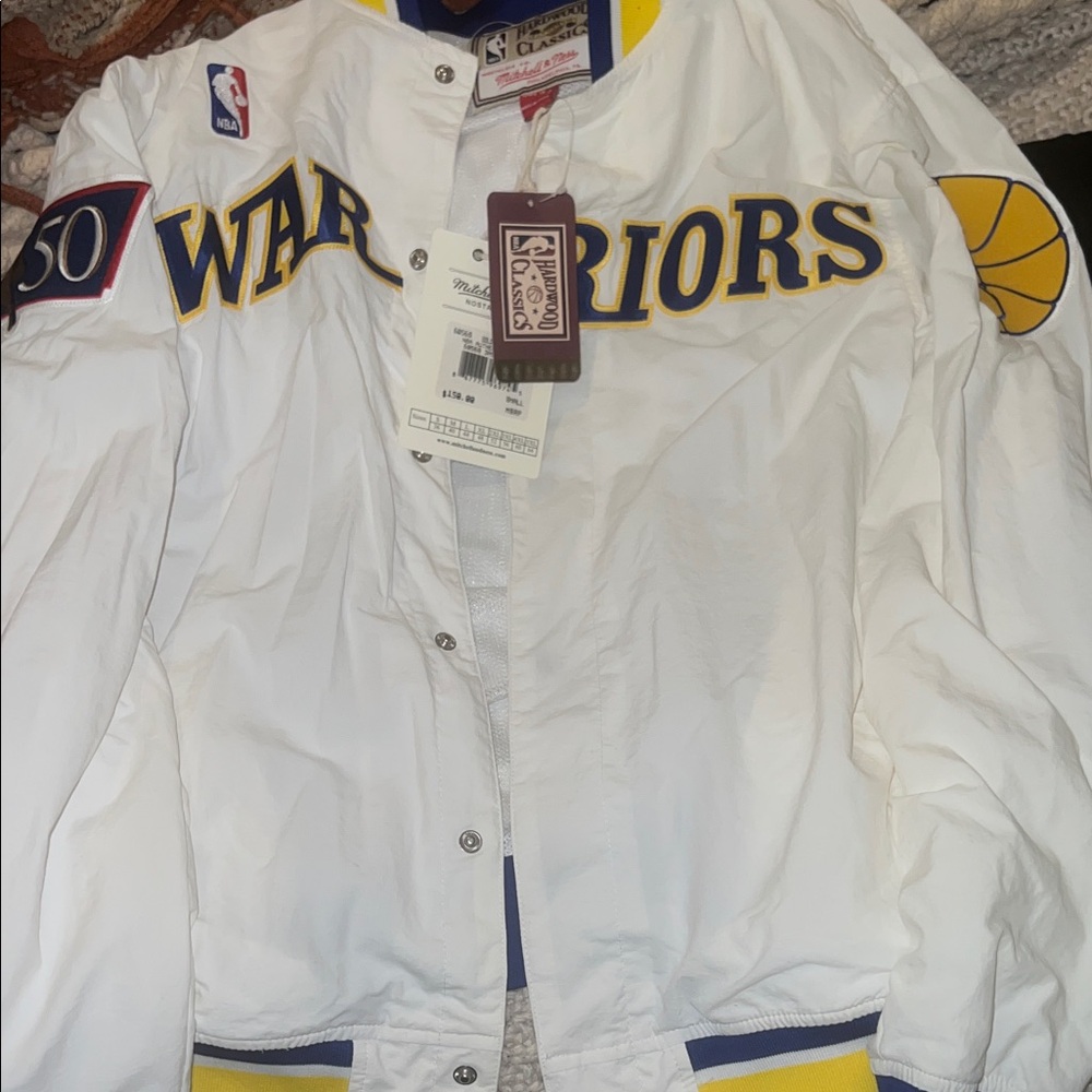 Mitchell & Ness White, Blue & Yellow Warriors Jacket Mens small can be unisex